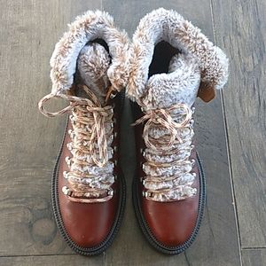 NEW ZARA BROWN LEATHER LACE UP BOOTS WITH FAUX FUR WOMANS 40/10